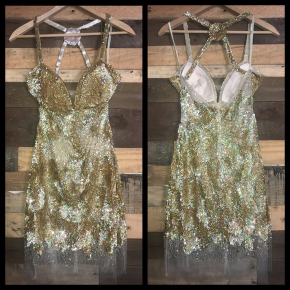 Jovani Gold Sequin Diamond Cocktail Party Dress - Picture 6 of 14